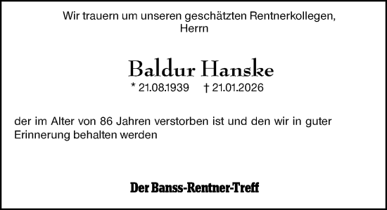 Traueranzeige von Baldur Hanske von Hinterländer Anzeiger
