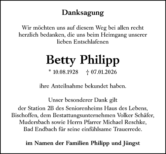 Traueranzeige von Betty Philipp von Wetzlarer Neue Zeitung