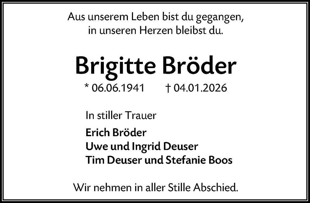  Traueranzeige für Brigitte Bröder vom 10.01.2026 aus Wiesbadener Kurier