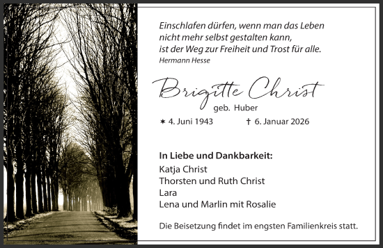 Traueranzeige von Brigitte Christ von Idsteiner Land/Untertaunus