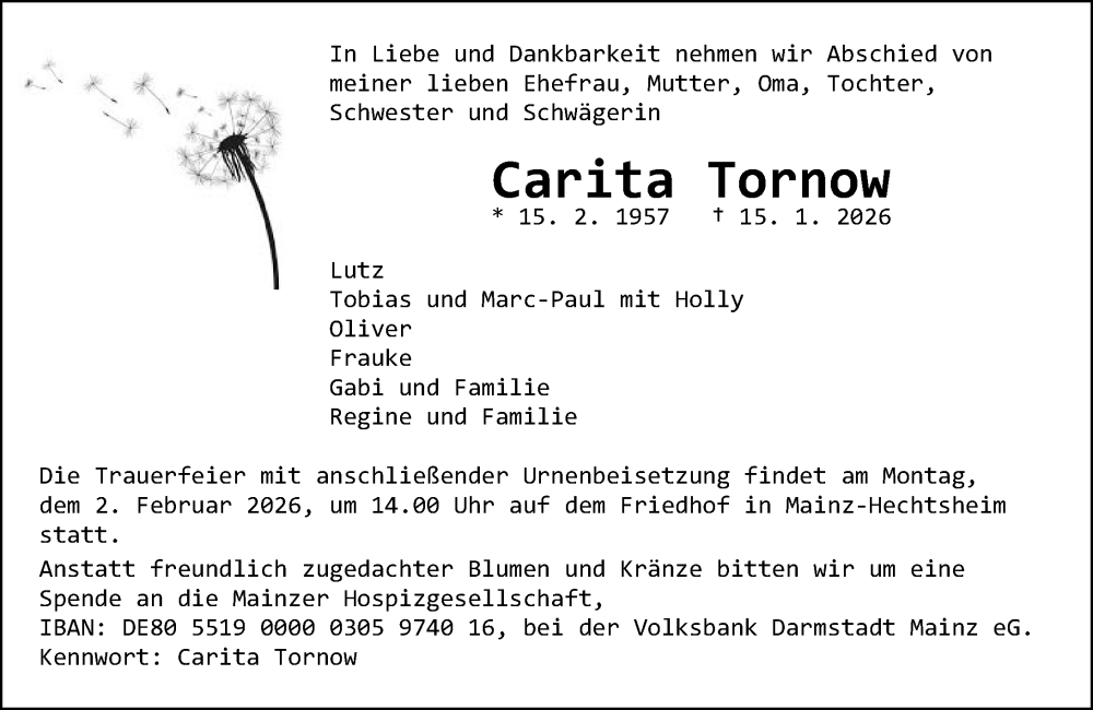  Traueranzeige für Carita Tornow vom 24.01.2026 aus Allgemeine Zeitung Mainz