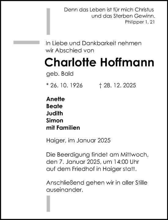 Traueranzeige von Charlotte Hoffmann von Dill Block