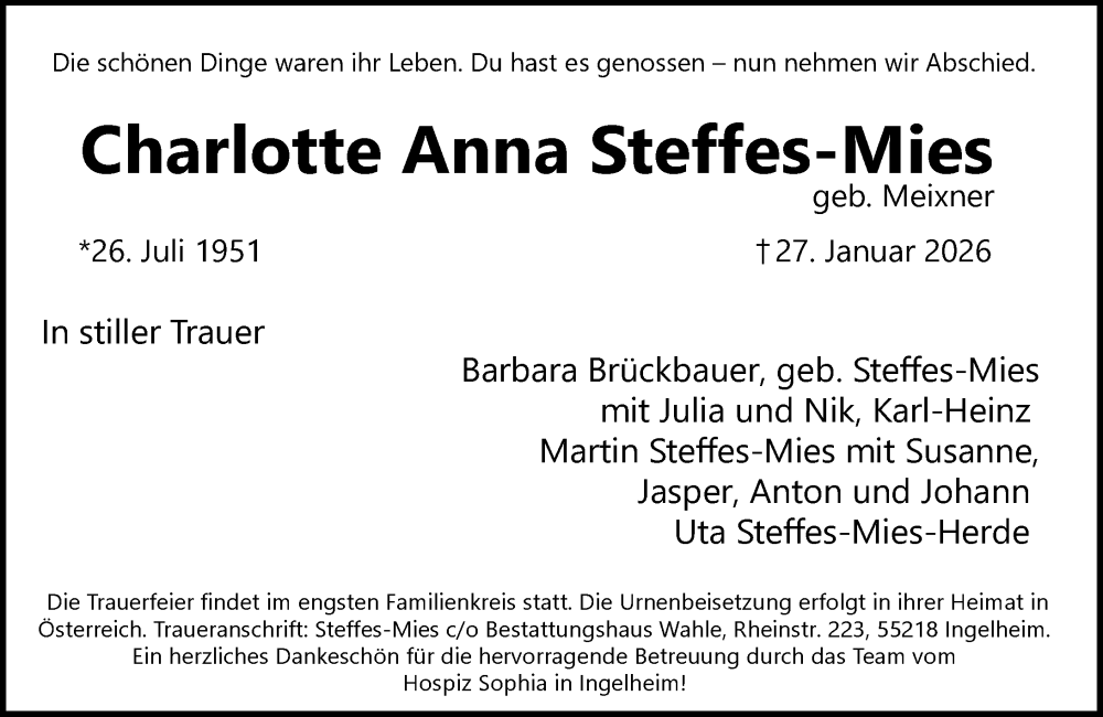  Traueranzeige für Charlotte Anna Steffes-Mies vom 31.01.2026 aus Allgemeine Zeitung Mainz