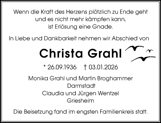 Traueranzeige von Christa Grahl von Darmstädter Echo