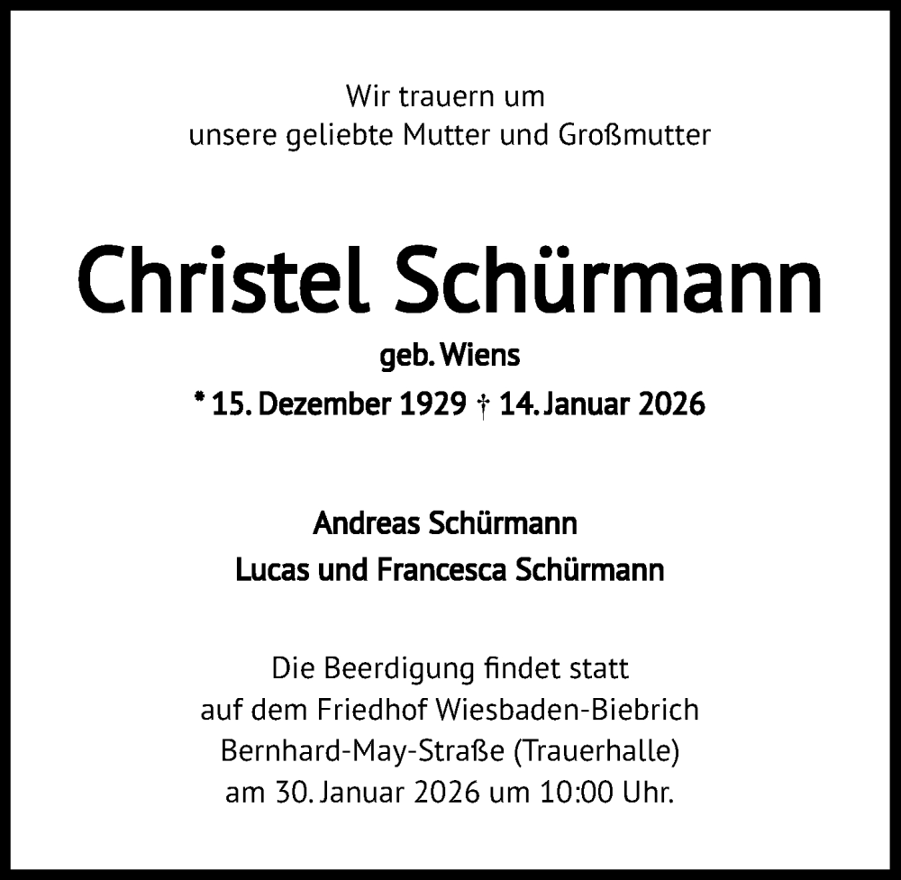  Traueranzeige für Christel Schürmann vom 24.01.2026 aus Wiesbadener Kurier