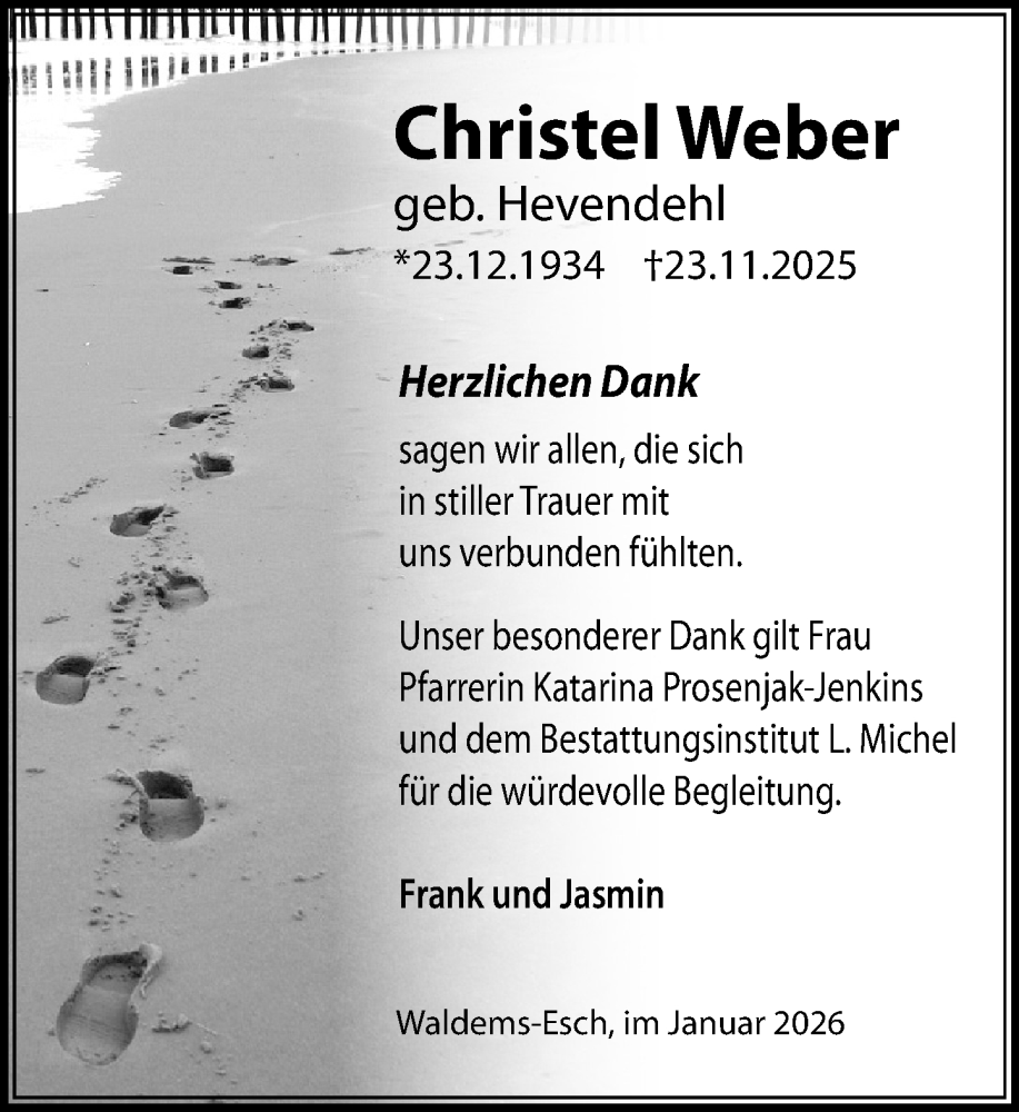  Traueranzeige für Christel Weber vom 10.01.2026 aus Idsteiner Land/Untertaunus