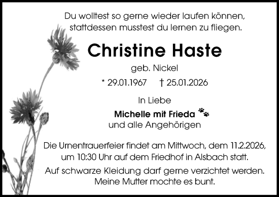 Traueranzeige von Christine Haste von Darmstädter Echo