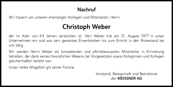 Traueranzeige von Christoph Weber von Hinterländer Anzeiger