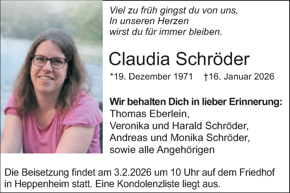  Traueranzeige für Claudia Schröder vom 31.01.2026 aus Starkenburger Echo