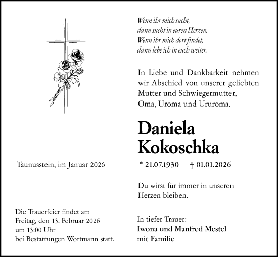 Traueranzeige von Daniela Kokoschka von Rheingau-Taunus-Kreis Wochenblatt