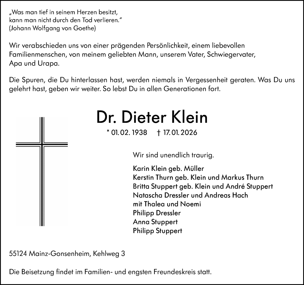  Traueranzeige für Dieter Klein vom 24.01.2026 aus Allgemeine Zeitung Mainz