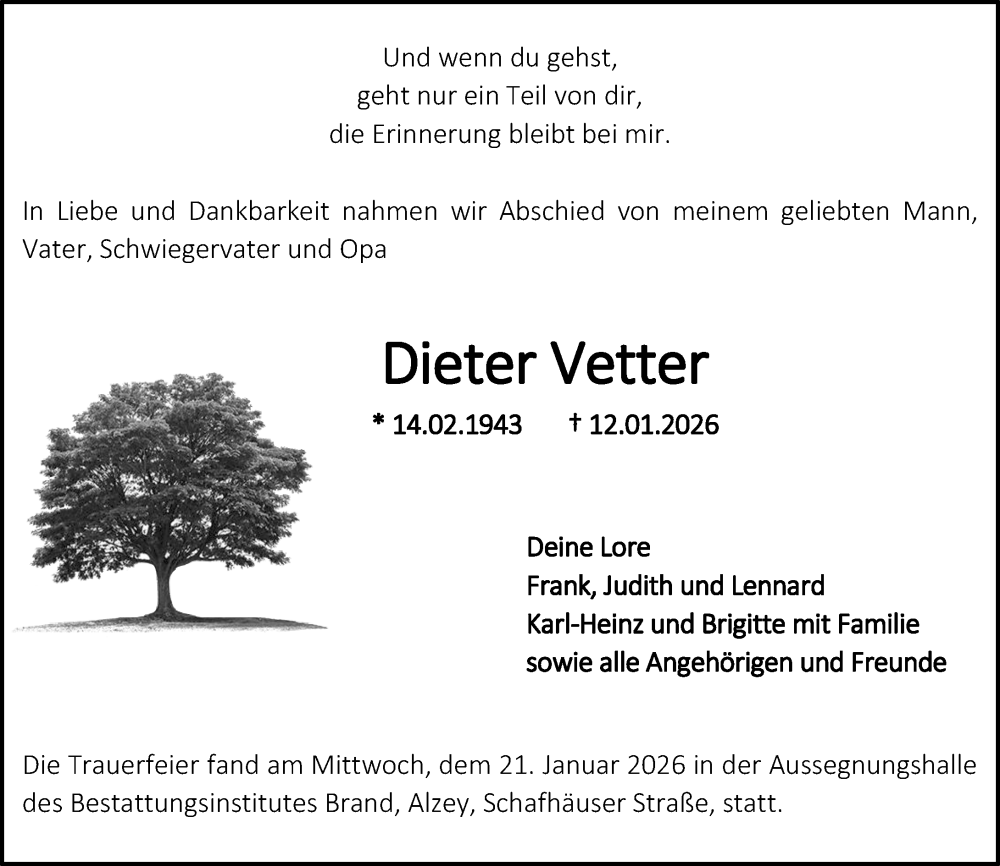  Traueranzeige für Dieter Vetter vom 24.01.2026 aus Allgemeine Zeitung Alzey