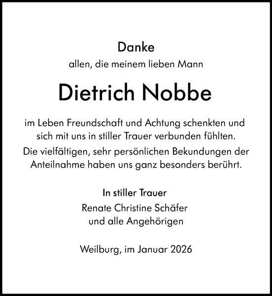 Traueranzeige von Dietrich Nobbe von Weilburger Tageblatt