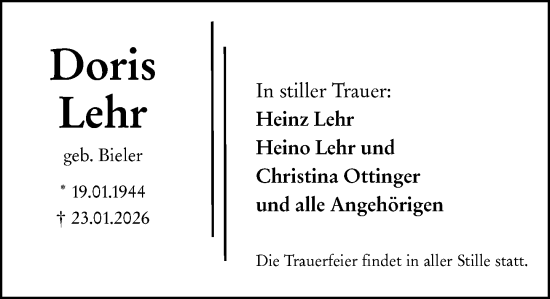 Traueranzeige von Doris Lehr von Wiesbadener Kurier