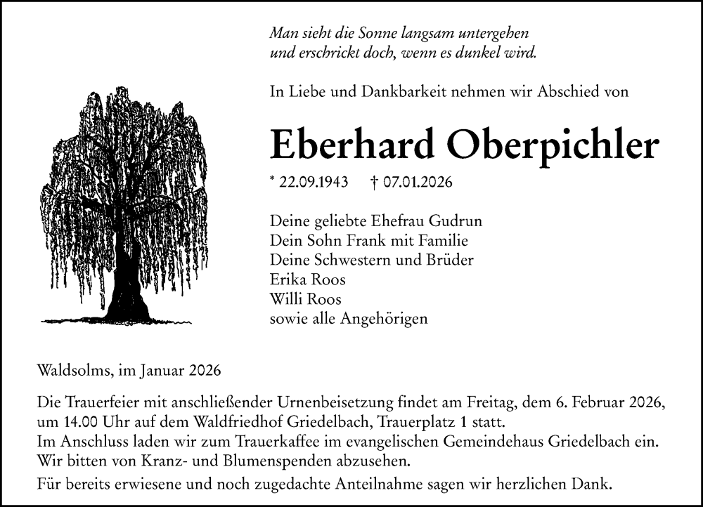  Traueranzeige für Eberhard Oberpichler vom 31.01.2026 aus Wetzlarer Neue Zeitung