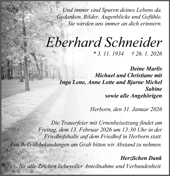 Traueranzeige von Eberhard Schneider von Dill Block