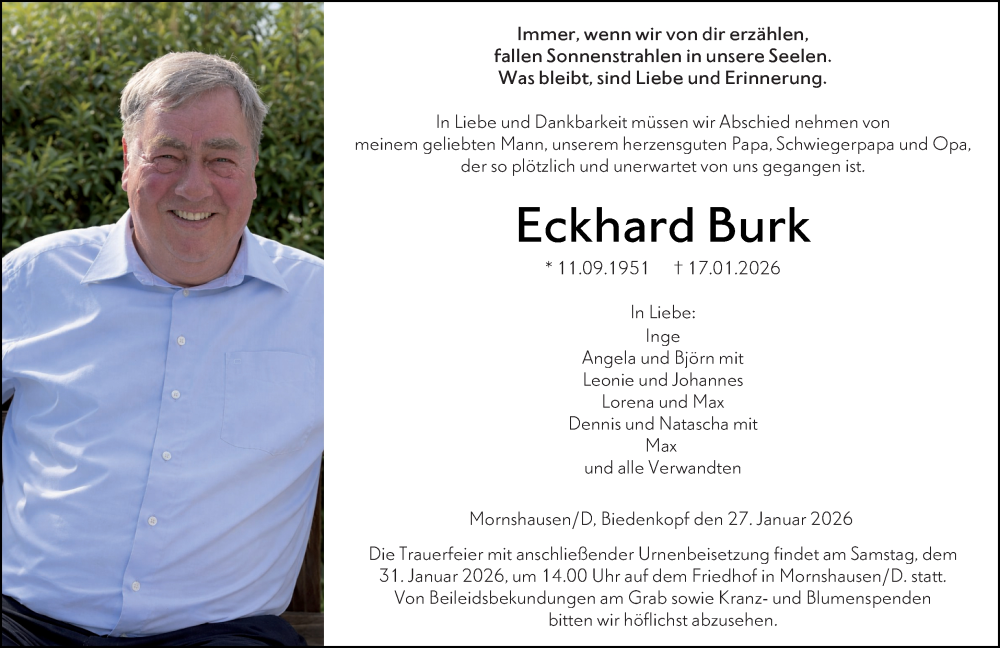  Traueranzeige für Eckhard Burk vom 27.01.2026 aus Hinterländer Anzeiger