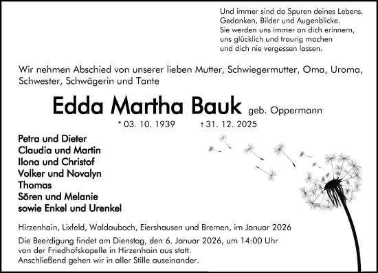 Traueranzeige von Edda Martha Bauk von Dill Block