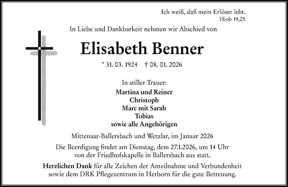  Traueranzeige für Elisabeth Benner vom 22.01.2026 aus Dill Block