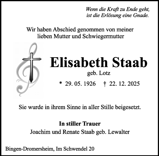 Traueranzeige von Elisabeth Staab von Allgemeine Zeitung Rheinhessen-Nahe