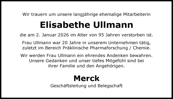 Traueranzeige von Elisabethe Ullmann von Darmstädter Echo