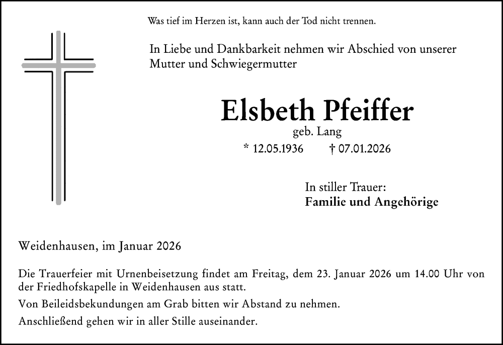  Traueranzeige für Elsbeth Pfeiffer vom 19.01.2026 aus Hinterländer Anzeiger