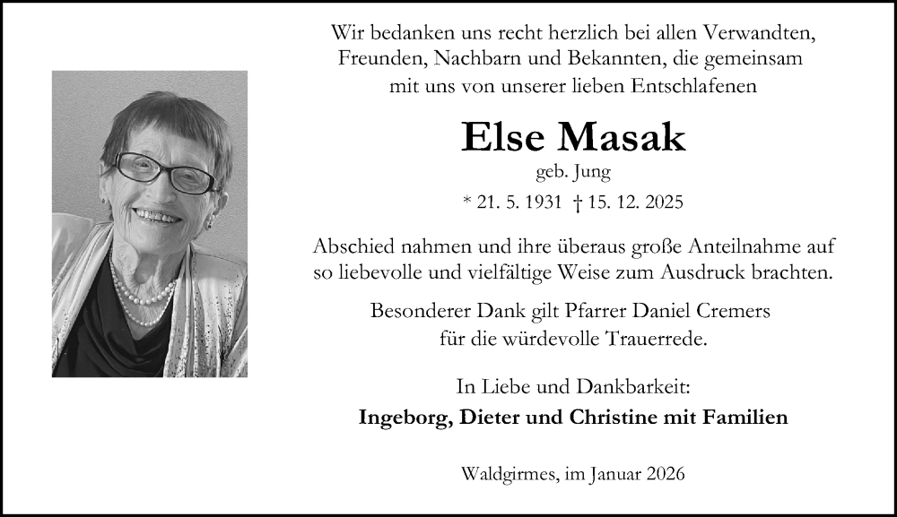  Traueranzeige für Else Masak vom 03.01.2026 aus Wetzlarer Neue Zeitung