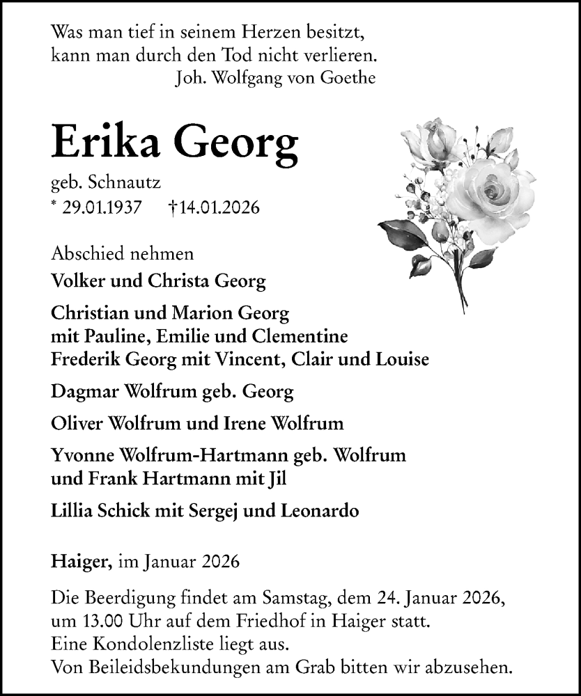  Traueranzeige für Erika Georg vom 22.01.2026 aus Dill Block