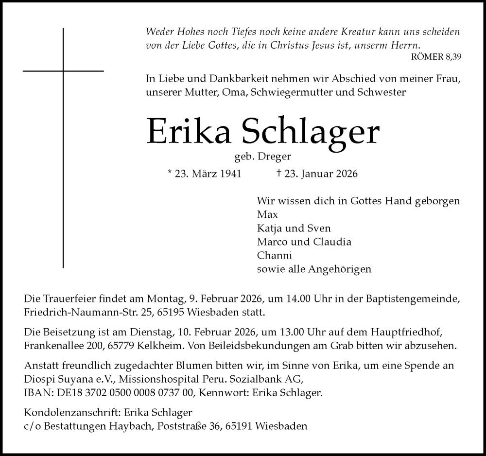  Traueranzeige für Erika Schlager vom 31.01.2026 aus Wiesbadener Kurier