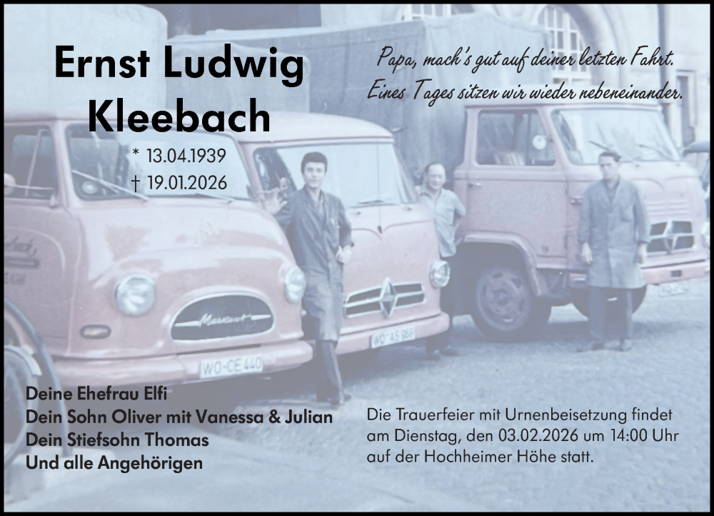  Traueranzeige für Ernst Ludwig Kleebach vom 31.01.2026 aus Wormser Zeitung