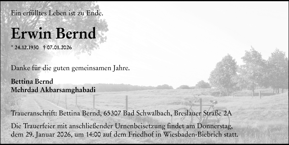  Traueranzeige für Erwin Bernd vom 24.01.2026 aus Wiesbadener Kurier
