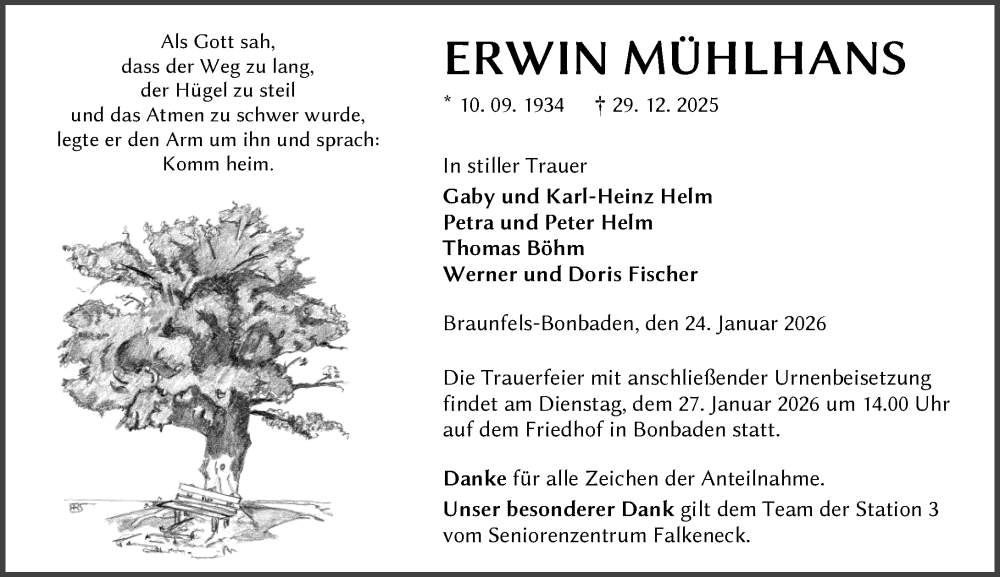  Traueranzeige für Erwin Mühlhans vom 24.01.2026 aus Wetzlarer Neue Zeitung