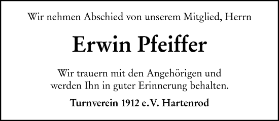 Traueranzeige von Erwin Pfeiffer von Hinterländer Anzeiger