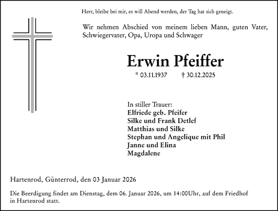 Traueranzeige von Erwin Pfeiffer von Hinterländer Anzeiger