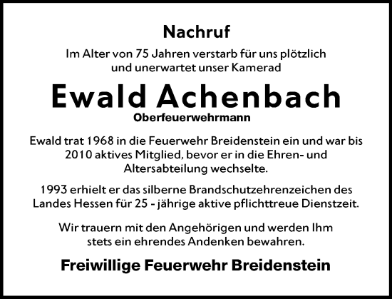 Traueranzeige von Ewald Achenbach von Hinterländer Anzeiger