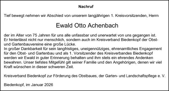 Traueranzeige von Ewald Otto Achenbach von Hinterländer Anzeiger