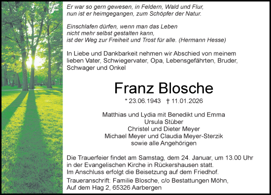 Traueranzeige von Franz Blosche von Idsteiner Land/Untertaunus