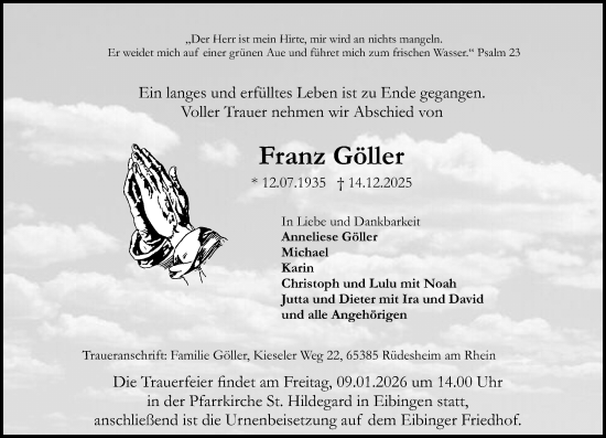 Traueranzeige von Franz Göller von Rheingau Kurier
