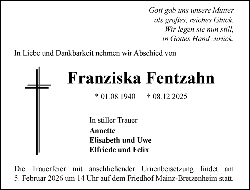  Traueranzeige für Franziska Fentzahn vom 24.01.2026 aus Allgemeine Zeitung Mainz