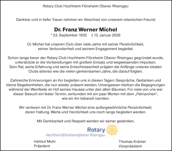 Traueranzeige von Franz Werner Michel von Hochheimer Zeitung