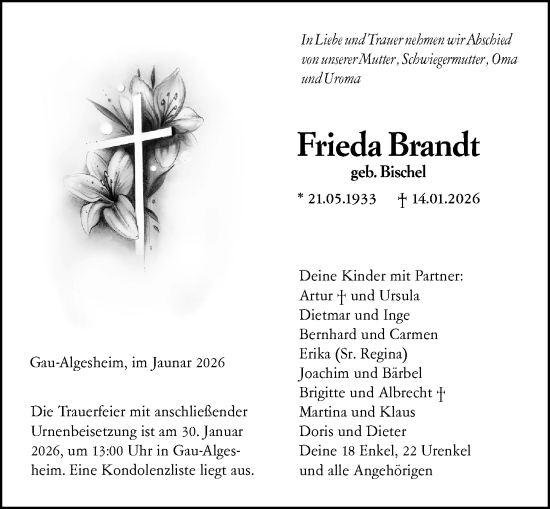 Traueranzeige von Frieda Brandt von Binger-/Ingelheimer Wochenblatt