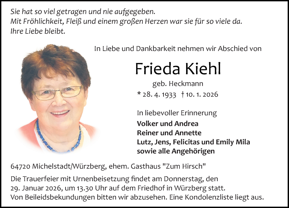 Traueranzeige für Frieda Kiehl vom 24.01.2026 aus Odenwälder Echo
