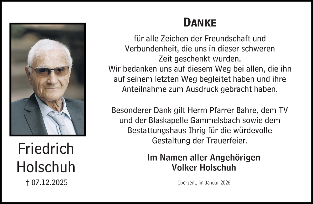  Traueranzeige für Friedrich Holschuh vom 24.01.2026 aus Odenwälder Echo