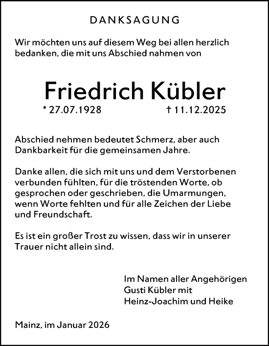 Traueranzeige von Friedrich Kübler von Allgemeine Zeitung Mainz