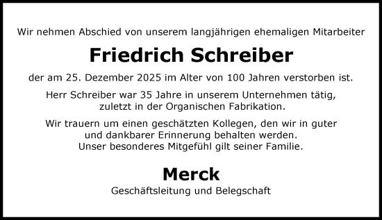 Traueranzeige von Friedrich Schreiber von Darmstädter Echo
