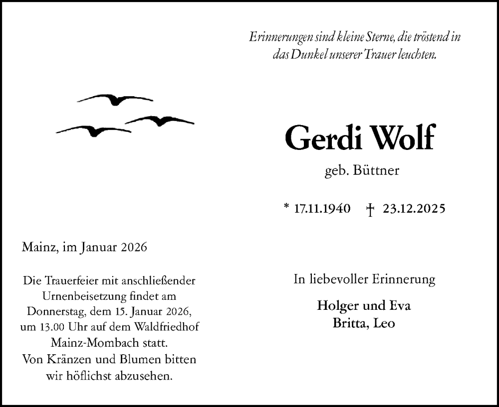  Traueranzeige für Gerdi Wolf vom 10.01.2026 aus Allgemeine Zeitung Mainz