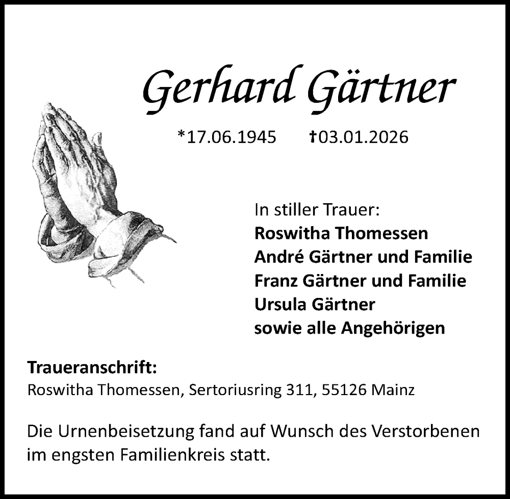  Traueranzeige für Gerhard Gärtner vom 31.01.2026 aus Allgemeine Zeitung Mainz