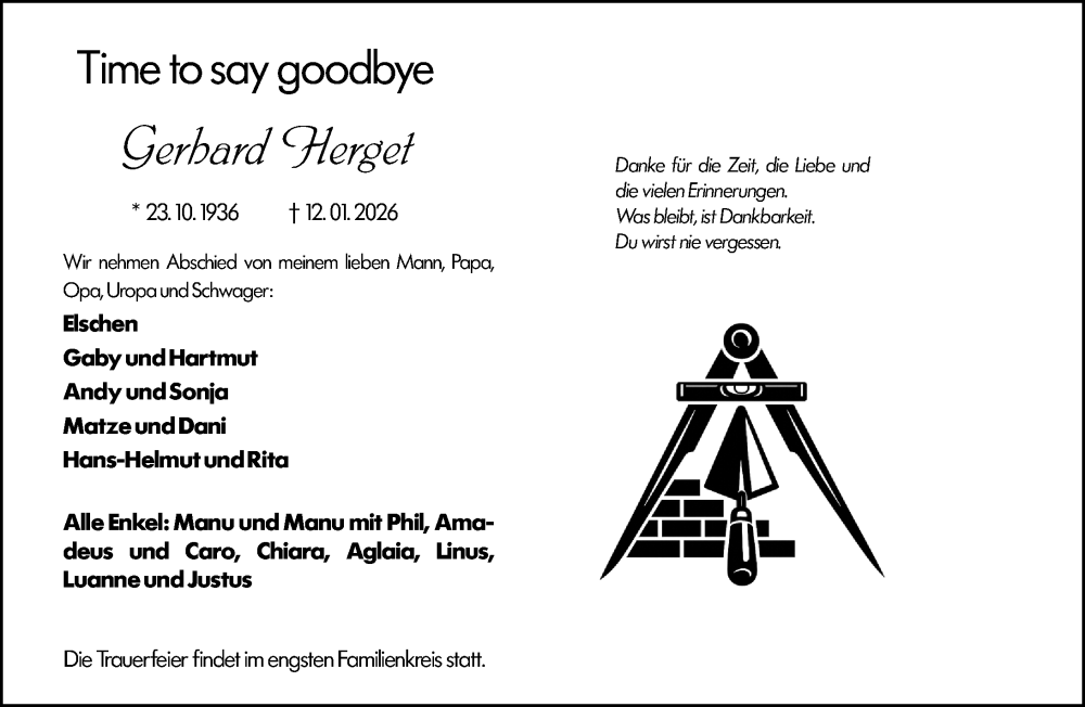  Traueranzeige für Gerhard Herget vom 19.01.2026 aus Weilburger Tageblatt