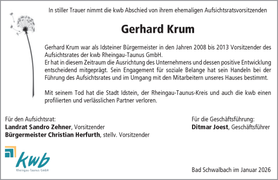 Traueranzeige von Gerhard Krum von Wiesbadener Kurier