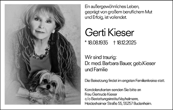 Traueranzeige von Gerti Kieser von Allgemeine Zeitung Mainz